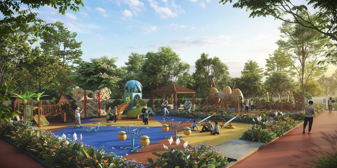 Children's play area amid landscaped gardens